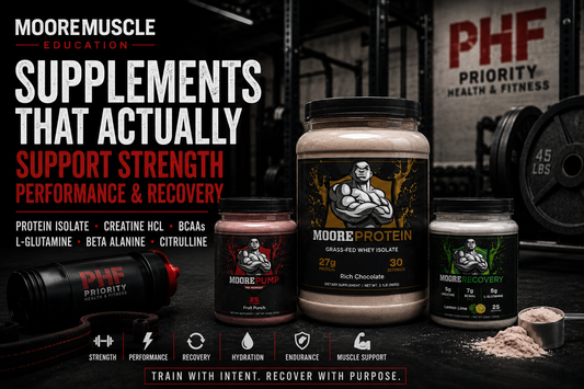 MooreMuscle Education featured image showing MooreProtein grass-fed whey isolate, MoorePump pre-workout, and MooreRecovery recovery formula in a gritty gym environment focused on strength performance and recovery
