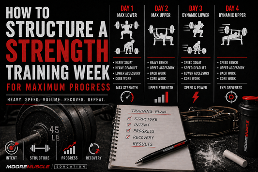 Weekly strength training structure showing max lower, max upper, dynamic lower, and dynamic upper days with squat and deadlift work, accessories, and performance focus