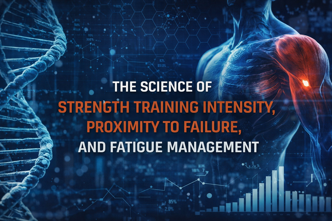 Scientific visualization of strength training intensity, muscle activation, and fatigue management with data charts and human anatomy