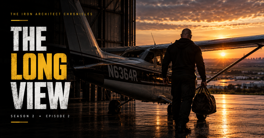 Title card for The Long View, Season 2 Episode 2 of The Iron Architect Chronicles: a silhouetted man carrying a duffel bag toward a small aircraft, tail number N6364R, inside a hangar at sunrise.