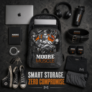 Open MooreMuscle Performance Backpack flat lay with a laptop, lifting belt, wrist wraps, shaker bottle, headphones, and clothing.
