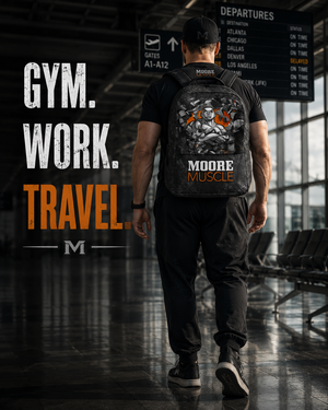 Athlete wearing the MooreMuscle Performance Backpack while walking through a modern airport terminal for work, training, and travel.