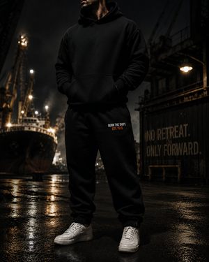 Burn The Ships heavyweight fleece sweatpants worn in an industrial harbor setting, featuring embroidered Burn The Ships EST. 1519 design and relaxed streetwear fit.