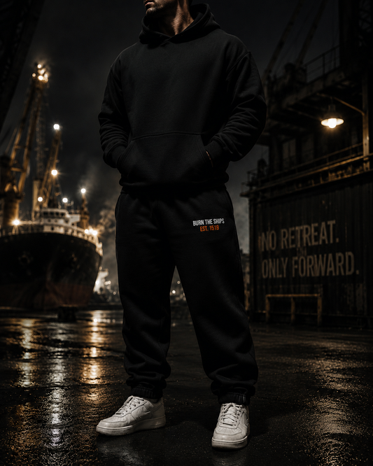Burn The Ships heavyweight fleece sweatpants worn in an industrial harbor setting, featuring embroidered Burn The Ships EST. 1519 design and relaxed streetwear fit.