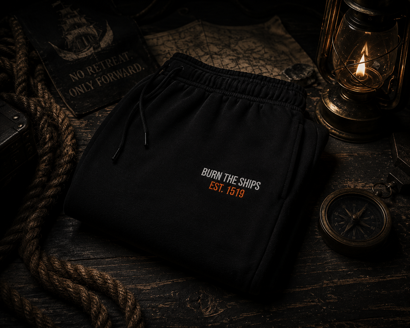 Burn The Ships heavyweight fleece sweatpants displayed on a vintage nautical chart with lantern light, rope, and maritime exploration gear.