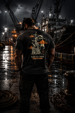 MooreMuscle Burn the Ships tri-blend t-shirt worn at a stormy industrial dockyard at night