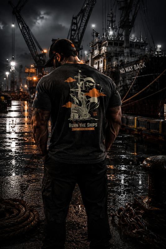 MooreMuscle Burn the Ships tri-blend t-shirt worn at a stormy industrial dockyard at night