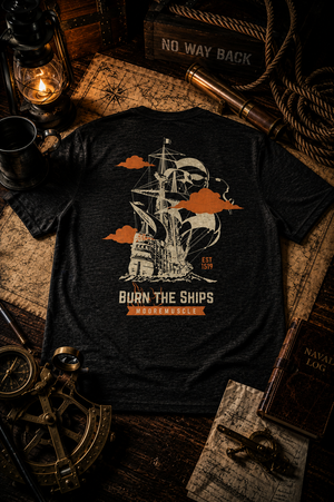 Close-up detail of MooreMuscle Burn the Ships back graphic on black tri-blend t-shirt