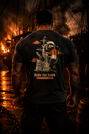 MooreMuscle Burn the Ships t-shirt illuminated by firelight with burning ship background