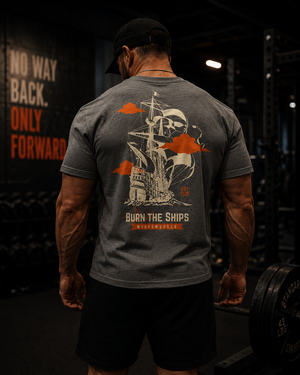 MooreMuscle Burn the Ships heather gray tri-blend t-shirt worn by athlete from rear