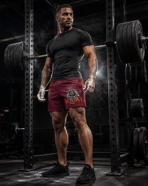 Back view of male athlete wearing MooreMuscle Squat Collection shorts near a squat rack