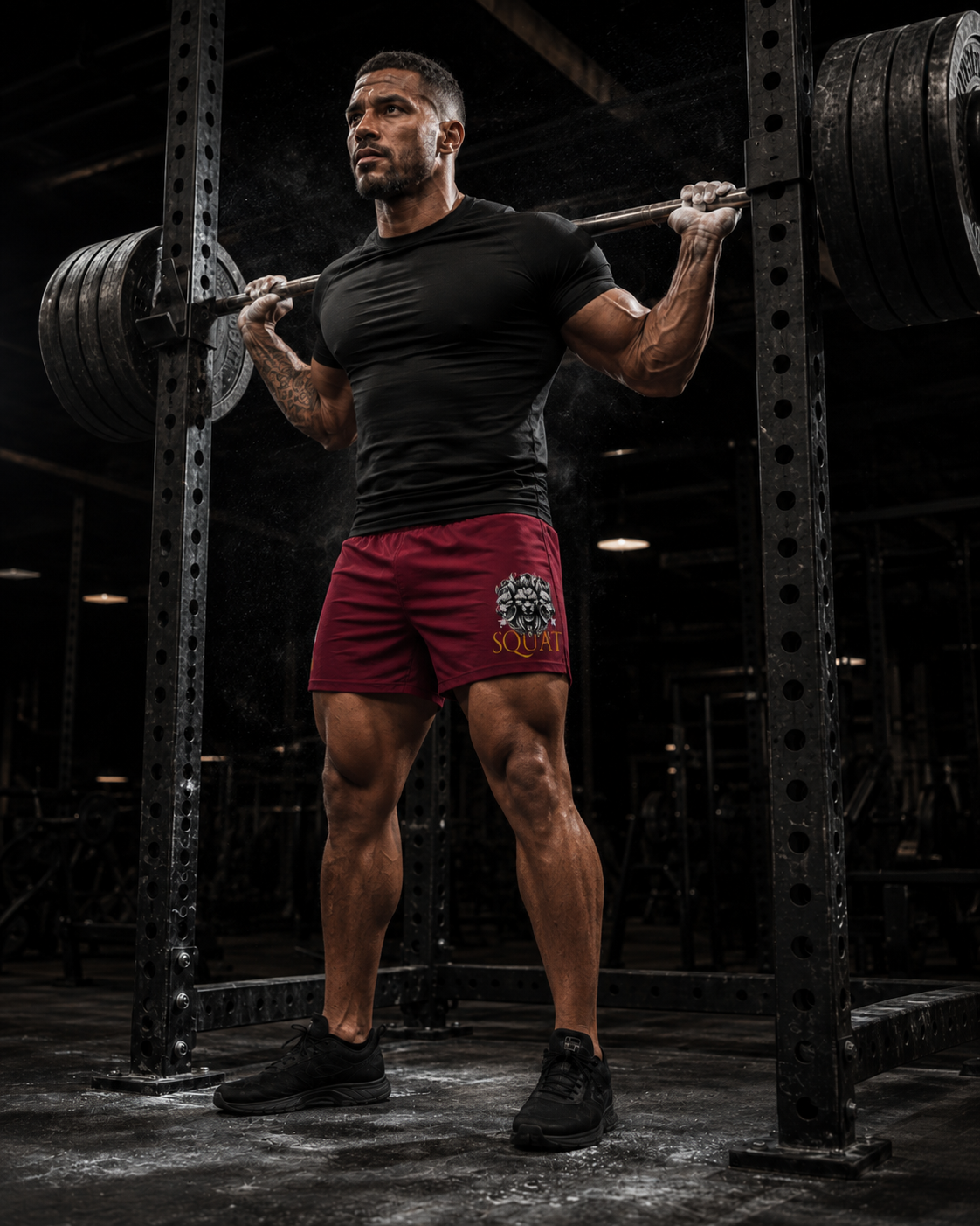 Male athlete racking a heavy barbell squat wearing MooreMuscle Squat Collection shorts