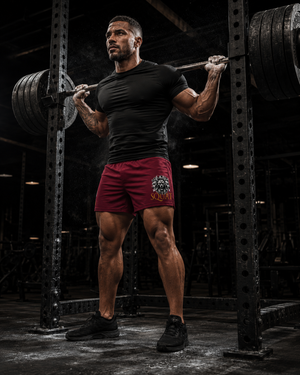 Male athlete racking a heavy barbell squat wearing MooreMuscle Squat Collection shorts
