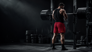 Male athlete in Squat Collection shorts standing under a loaded barbell, preparing for a heavy squat