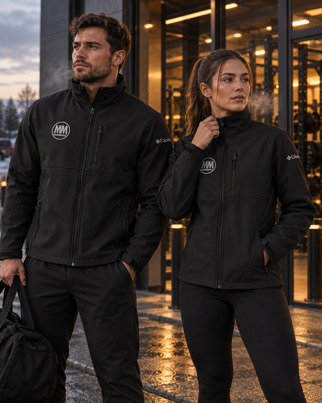 Man and woman wearing the black MooreMuscle Columbia soft shell jacket with embroidered MM logo outside a gym at dusk
