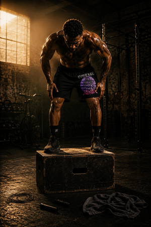 Male athlete exhausted after conditioning work standing on a plyo box wearing MooreMuscle Courage performance shorts.