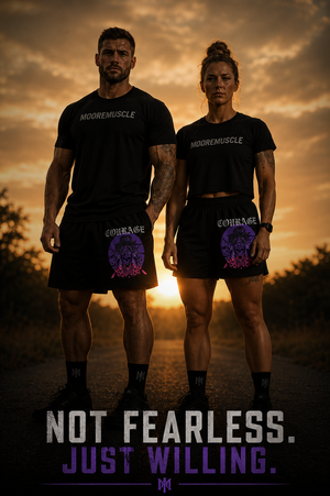 Male and female athletes wearing MooreMuscle Courage performance shorts and black tees at sunrise with “Not Fearless. Just Willing.” text.