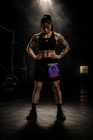 Female athlete wearing MooreMuscle Courage performance shorts standing under a spotlight in a dark warehouse gym.