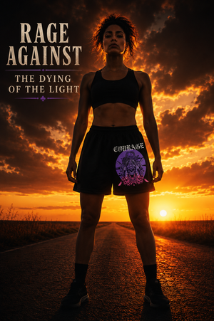 Female athlete wearing MooreMuscle Courage shorts standing on an empty road at sunset with “Rage Against The Dying of the Light” text.