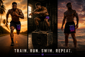 MooreMuscle Courage performance shorts shown during sprinting, box jumps, and beach training with “Train. Run. Swim. Repeat.” text.
