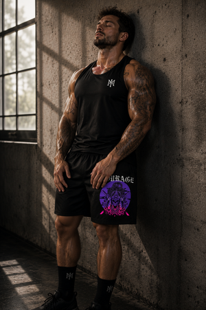 Male athlete leaning against a concrete wall after training wearing MooreMuscle Courage performance shorts.