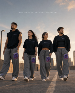 Diverse group of athletes walking in MooreMuscle Courage wide-leg sweatpants on a rooftop at golden hour.