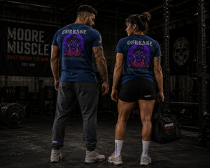 Male and female athletes wearing Courage Collection apparel inside a strength gym with matching samurai skull graphics.