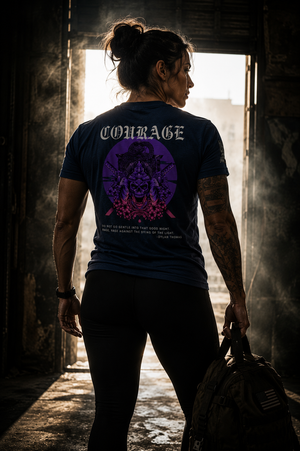 Female athlete carrying a gym bag while wearing the Courage Collection T-shirt with the samurai skull back graphic displayed.