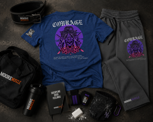 Courage Collection apparel flat lay featuring the blue graphic T-shirt, gray sweatpants, lifting belt, gym bag, shaker cup, and training accessories.