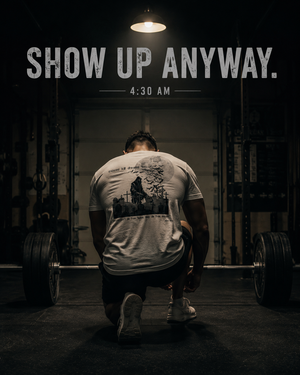 Athlete tying shoes in a garage gym wearing the MooreMuscle Excuses Kill Dreams motivational workout tee.