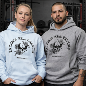 Excuses Kill Dreams Premium Hoodies worn by female athlete in light blue and Hispanic male athlete in grey standing in gym with power rack