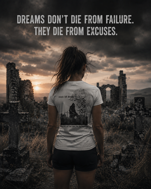 Female athlete wearing the MooreMuscle Excuses Kill Dreams graphic fitness tee among weathered ruins.