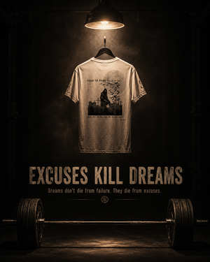 Rear view of the MooreMuscle Excuses Kill Dreams tri-blend graphic tee displayed above a loaded barbell.