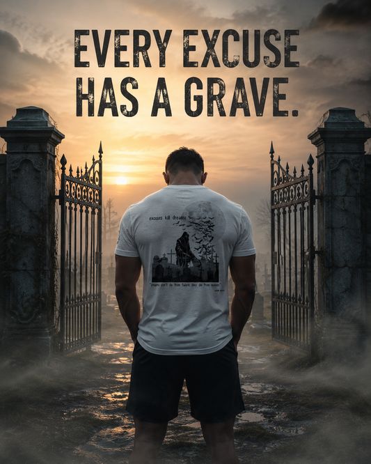Athlete wearing the MooreMuscle Excuses Kill Dreams tri-blend tee at a cemetery gate before sunrise.