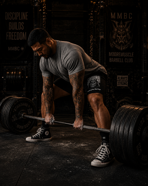 Athlete training in MooreMuscle Five Rings training shorts during a deadlift workout.