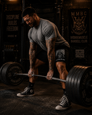Athlete wearing MooreMuscle Five Rings training shorts during a heavy deadlift in a powerlifting gym.