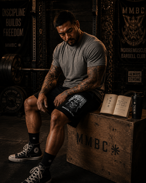 Athlete wearing MooreMuscle Five Rings training shorts while studying The Book of Five Rings inside the gym.