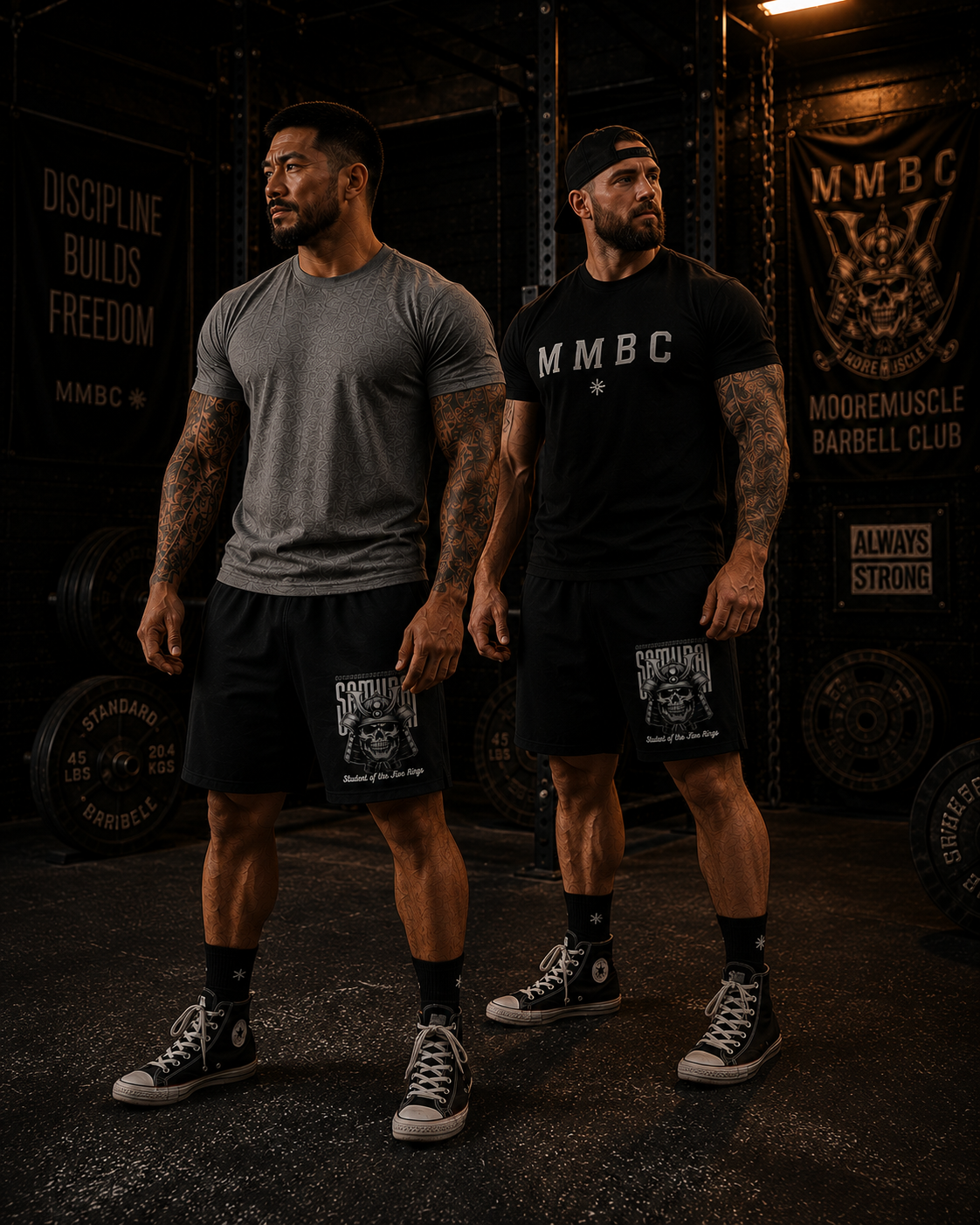 Two athletes wearing MooreMuscle Five Rings training shorts inside a powerlifting gym.