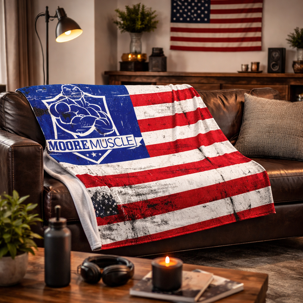 MooreMuscle American flag throw blanket on leather couch patriotic home decor for strength athletes