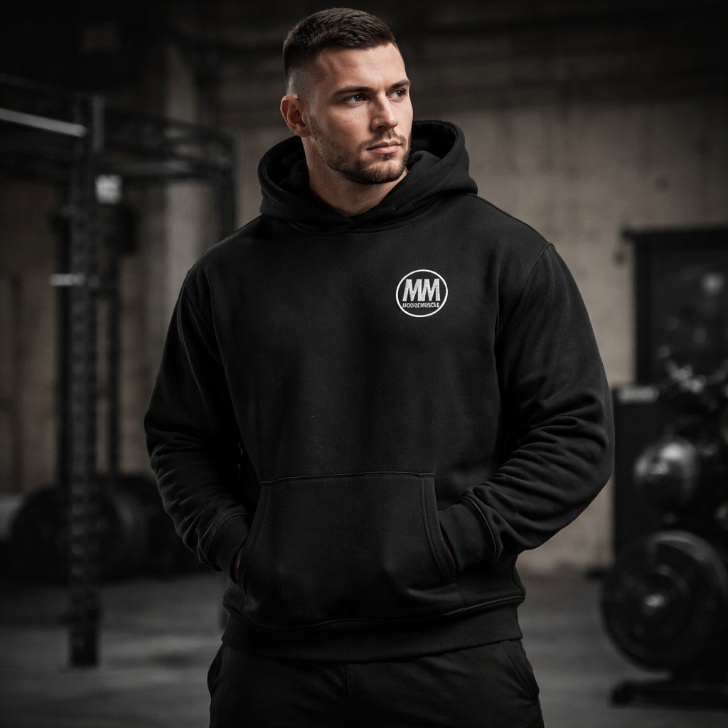 Muscular male athlete wearing black MooreMuscle heavyweight hoodie in gym setting
