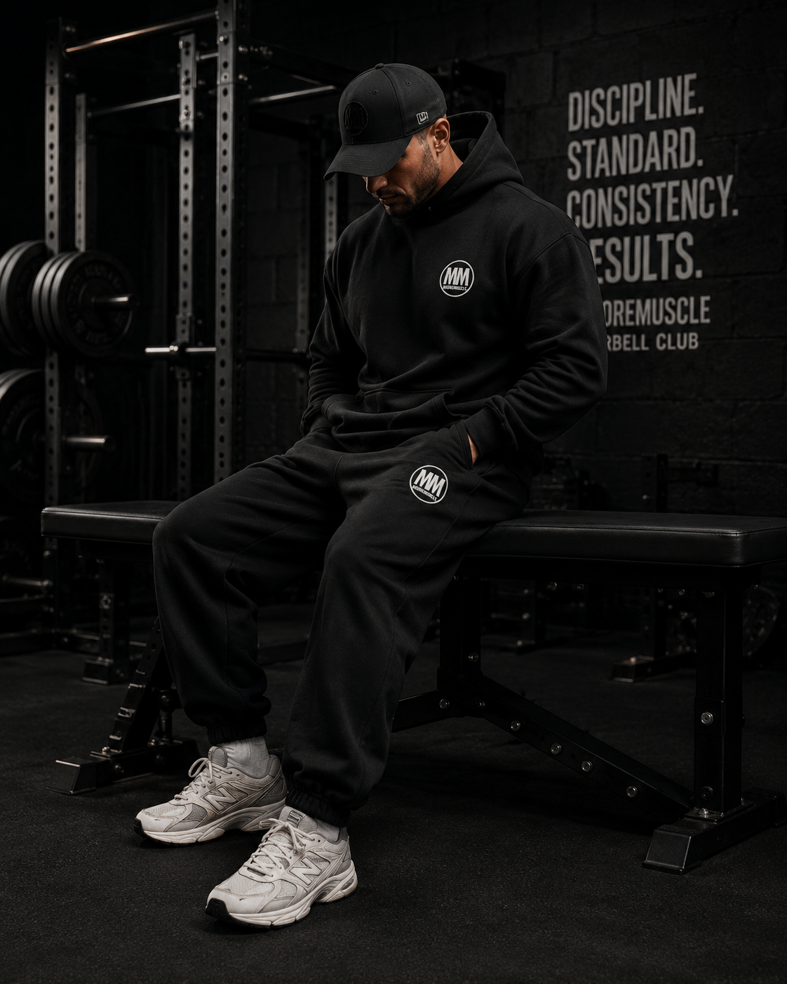 Person sitting on a weight bench in a gym wearing black attire with a MM logo, surrounded by gym equipment.