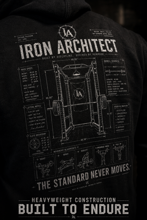Close-up of the Iron Architect heavyweight hoodie showing distressed white blueprint artwork and premium heavyweight fabric.