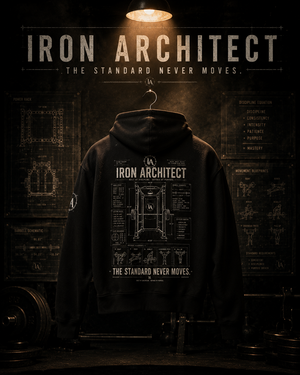 Iron Architect heavyweight hoodie displayed under a spotlight in a dark gym with blueprint drawings in the background.