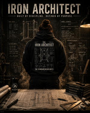 Athlete wearing the Iron Architect heavyweight hoodie standing in front of a blueprint wall with technical gym schematics.