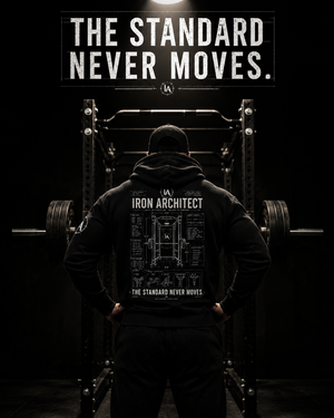 Athlete wearing the Iron Architect heavyweight hoodie standing before a loaded power rack under a spotlight.