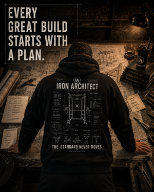 Athlete wearing the Iron Architect heavyweight hoodie reviewing training plans at a drafting table covered in gym blueprints.