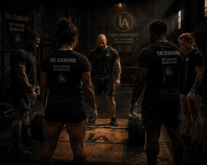 Group of strength athletes wearing Iron Architect apparel gathered around a loaded barbell in a warehouse gym.