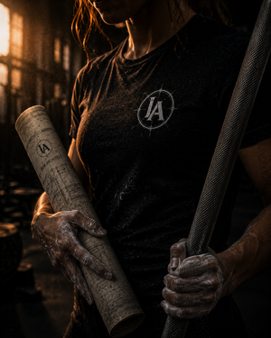 Close-up detail of the Iron Architect The Standard Tee featuring the IA chest logo, chalk-covered hands, a rolled blueprint, and barbell knurling.
