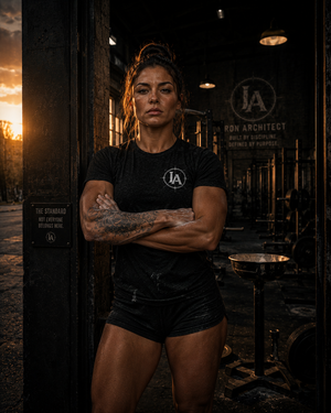 Female athlete wearing the Iron Architect The Standard Tee standing at the entrance of a warehouse gym at sunset.