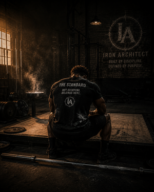 Athlete wearing the Iron Architect The Standard Tee seated alone on a deadlift platform after training in an industrial gym.